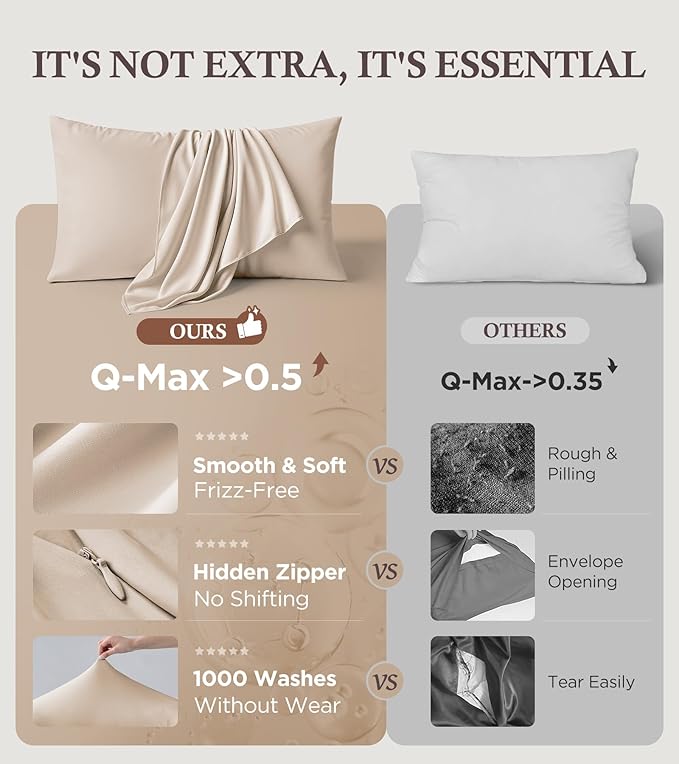 Instant Chill Cooling Pillowcase for Hot Sleepers, 2% HA Infused Pillowcase Hydrates Skin & Hair, Reduces Wrinkles & Frizz, Softer Than Silk Pillow Cases, Pillow Covers Queen (Beige, 1 Pack)