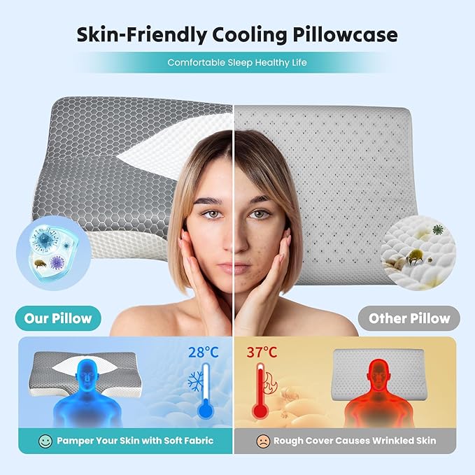 NEWBULIG Cervical Neck Pillow - Ergonomic Memory Foam Pillow for Neck Pain Relief, Contour Orthopedic Bed Pillow for Side, Back & Stomach Sleepers with Neck Support, Queen Size, Grey