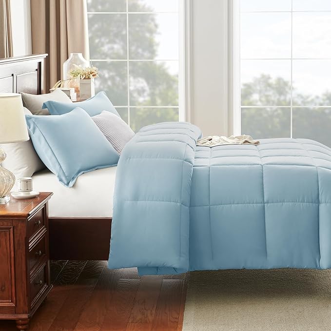 CozyLux Queen Comforter Set - Light Blue Comforters Queen Size, 3 Pieces Box Stitched Bed Set for All Seasons, Soft Lightweight Bedding Sets with 1 Down Alternative Comforter and 2 Pillow Shams