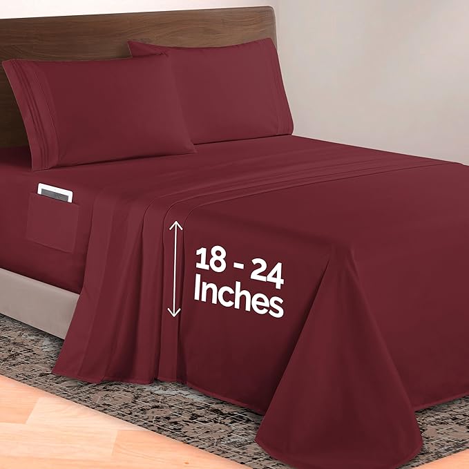 Elegant Comfort Luxurious 1500 Premium Hotel Quality Microfiber 4-Piece Sheet Set, 18-24 Inches Deep - Extra Deep Pocket Sheets - Ultra Soft 4PC Deep Pocket Sheets, Full, Burgundy
