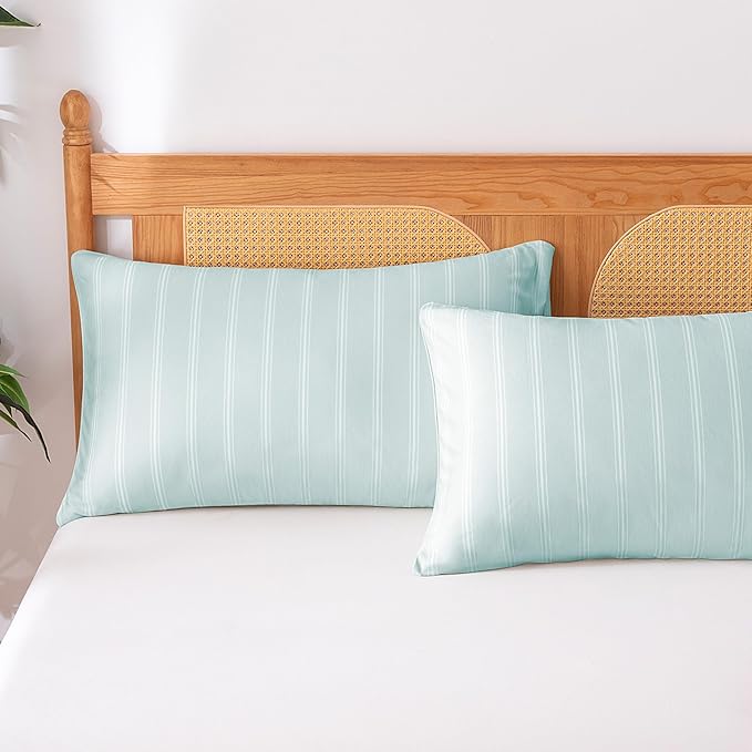Amazon Basics Stripe Cooling Pillow Cases for Hot Sleepers, Soft Cooling Pillow Covers with Envelope Closure, 20" x 26", Standard, Cyan, Pack of 2