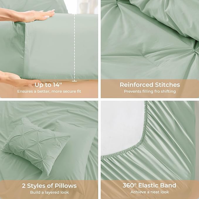 Sasttie Full Size Comforter Set, 7-Piece Bed in a Bag, Pintuck Bedding Set for All Season, Includes Comforter, Flat Sheet, Fitted Sheet, Pillowcases and Pillowshams, Light Sage Green