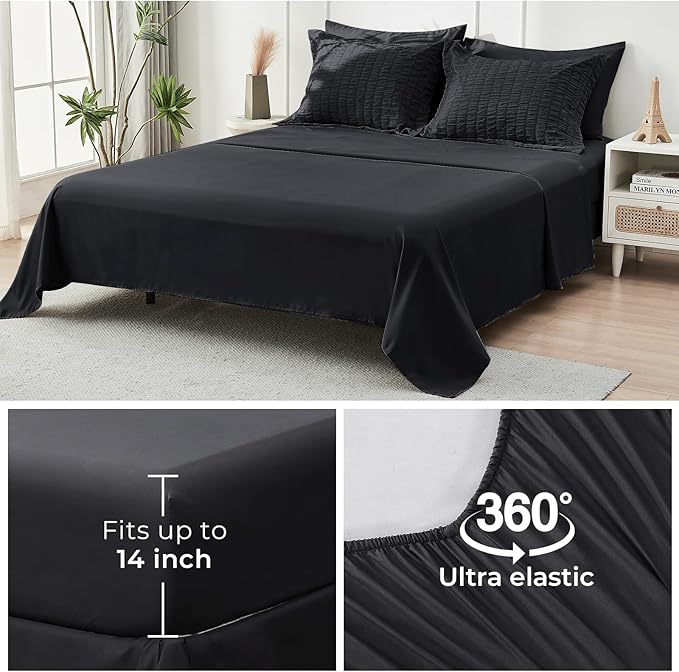 HYMOKEGE Black Oversized King Comforter Set Seersucker 7 Pieces, All Season Luxury Bed in a Bag for Bedroom, Bedding Set with Comforter, Sheets, Pillowcases & Shams