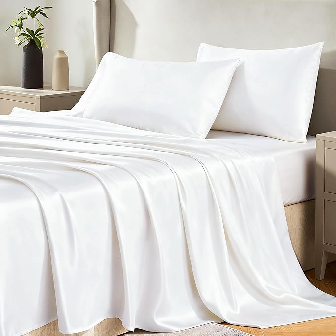 CozyLux Satin Sheets Cal King Sheet Set - 4 Piece Silky California King Sheets, Luxury White Bed Sheet Set with Smooth and Soft Microfiber, Includes 1 Fitted Sheet, 1 Flat Sheet and 2 Pillowcases