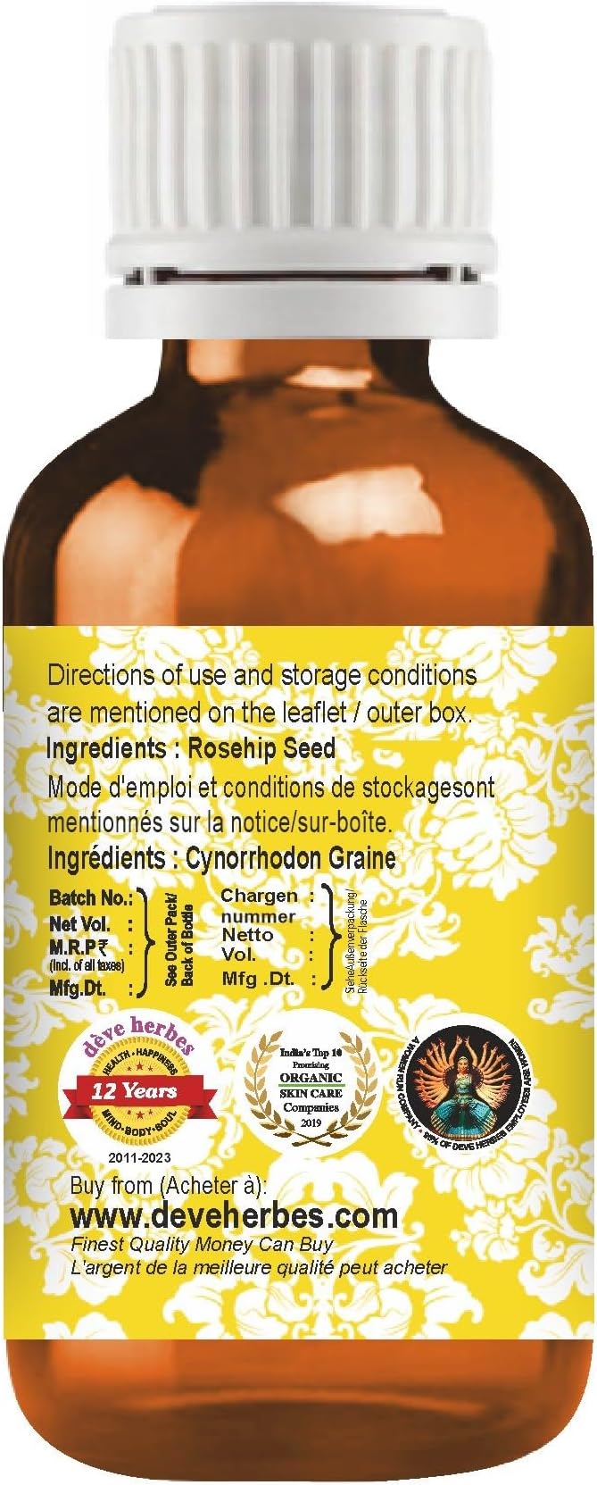 Deve Herbes Rosehip Seed Oil (Rosa rubiginosa) | Cold Pressed | Pure | Natural | Undiluted | For Diluting Essential oils | For Skin & Massage | Non-Sticky| Lightweight| Men & Women | 30ml (1 oz)