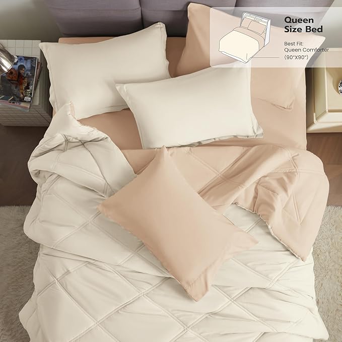 Joiedomi Queen Comforter Set with Sheets Beige, 7 Pieces Queen Bed Set with 1 Down Alternative Comforter, 1 Flat Sheet, 1 Fitted Sheet, 2 Pillowcases and 2 Pillow Shams, Bed in a Bag for All Seasons