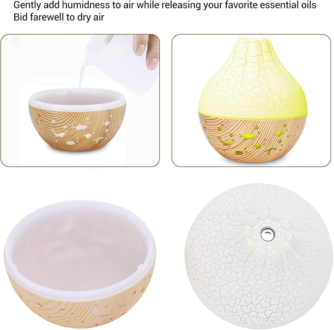 Essential Oil Diffuser, Mini Ultrasonic Air Diffuser Humidifier Luminous Hallow Silent Auto Shut Off USB Aromatherapy Diffuser for Home Office Spa (White Crack Light Wood Grain)