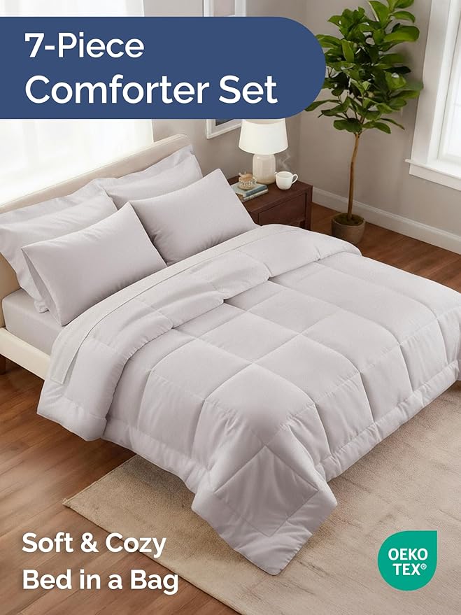 Queen Comforter Set - 7 Piece Bed in a Bag Queen Size Bed Set - Down Alternative Comforter, Flat Sheet, Fitted Sheet, Pillowcase & Shams for All Seasons - Ultra Soft, Comfy & Breathable - Light Grey