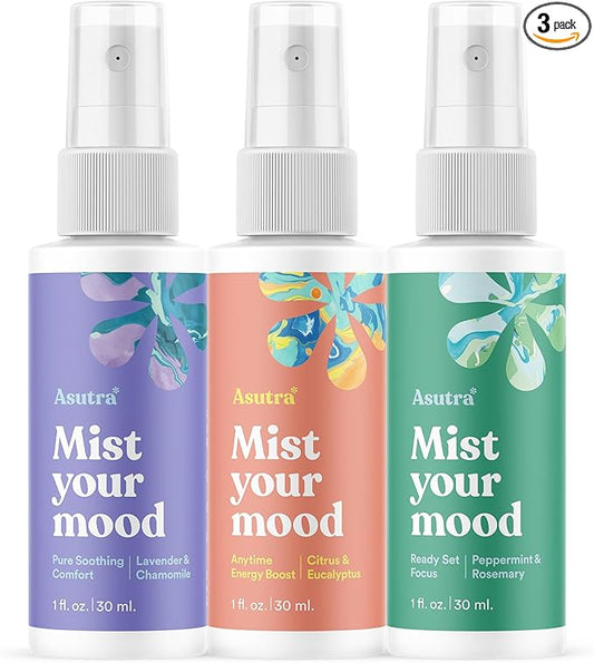 Asutra Multi-Use Natural Aromatherapy Essential Oil Room Spray, Calming Linen & Pillow Mist, 3 Scent Mini Sampler for Sleep & Travel, 1 fl oz