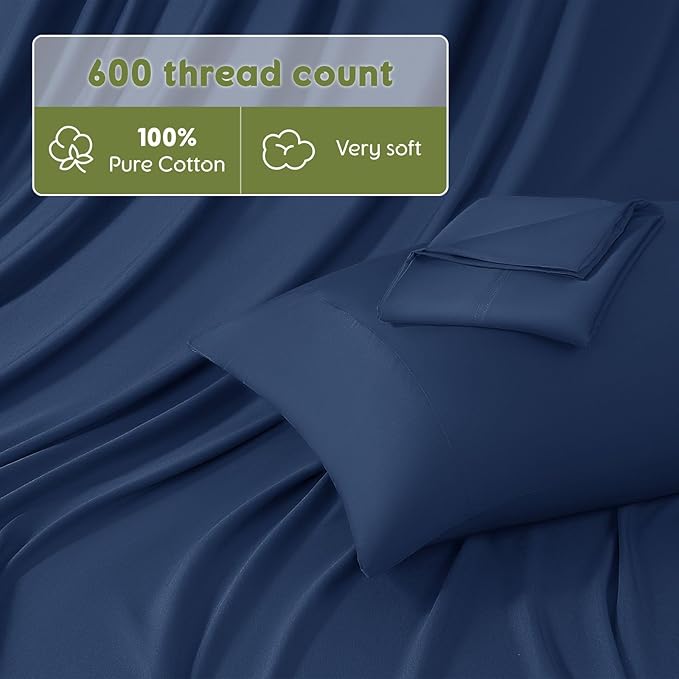 SONORO KATE 100% Egyptian Cotton Sheets Queen Size - 600 Thread Count, Luxury Hotel Sateen Weave Bedding Set, Soft Breathable Sheet Sets, 16" Deep Pocket - 4 PC(Navy Blue,Queen)