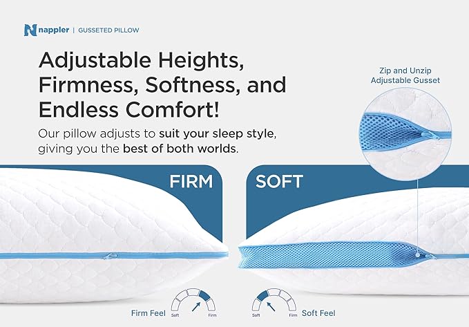Nappler Side and Back Sleeper Pillow for Neck and Shoulder Pain Relief-Shredded Memory Foam Bed Pillow for Sleeping - 100% Adjustable Fill - Queen Size - Set of 2 - Washable Case. Extra Fill Included