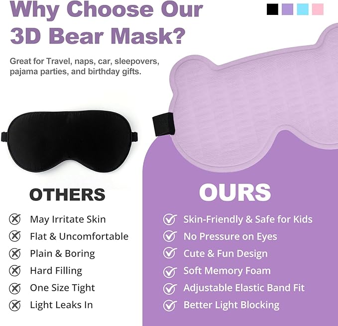 Kids Sleep Mask, 3D Sleep Mask for Kids with Adjustable Elastic Strap, Soft Comfortable Eye Mask for Children, Blackout Travel Kid Sleeping Mask for Ages 5-15 Boys Girls (Purple)