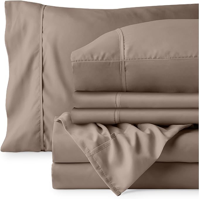 Bare Home Hotel Luxury King Sheet Set, Extra Soft - 6 Piece Set - Deep Pockets - Easy Fit - Cooling & Breathable - Wrinkle, Fade, Stain Resistant - Includes 4 Pillowcases (King, Taupe)