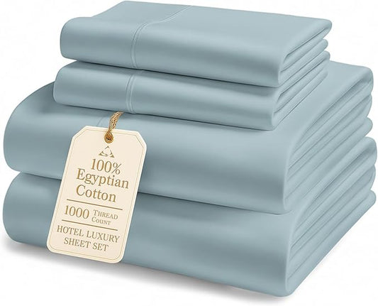 100% Egyptian Cotton Queen Size Sheet Set - 1000 Thread Count Silky Sateen Weave Naturally Breathable & Durable Winter Comfort, Hotel Soft Luxury Comfort with 15" Deep Pocket Queen Sheets -French Blue