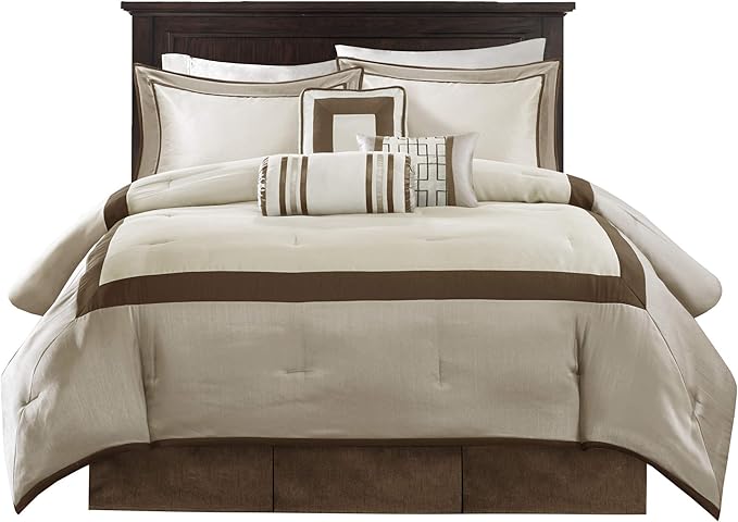 Madison Park Cozy Comforter Set-Deluxe Hotel Collection, All Season Down Alternative Luxury Bedding with Matching Shams, Decorative Pillows, King (104"x92"), Genevieve, Taupe/Brown 7 Piece