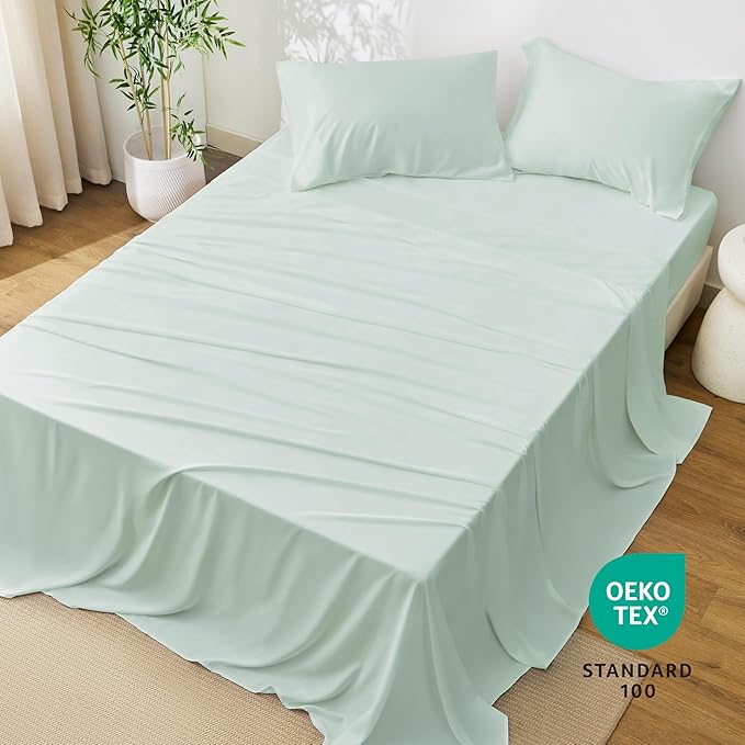 Love's cabin 4 Piece King Size Sheet Set, 100% Rayon Derived from Bamboo, Cooling & Breathable, Soft Silky Deep Pocket up to 16", Hotel Luxury Bedding for Hot Sleepers, Sea Glass