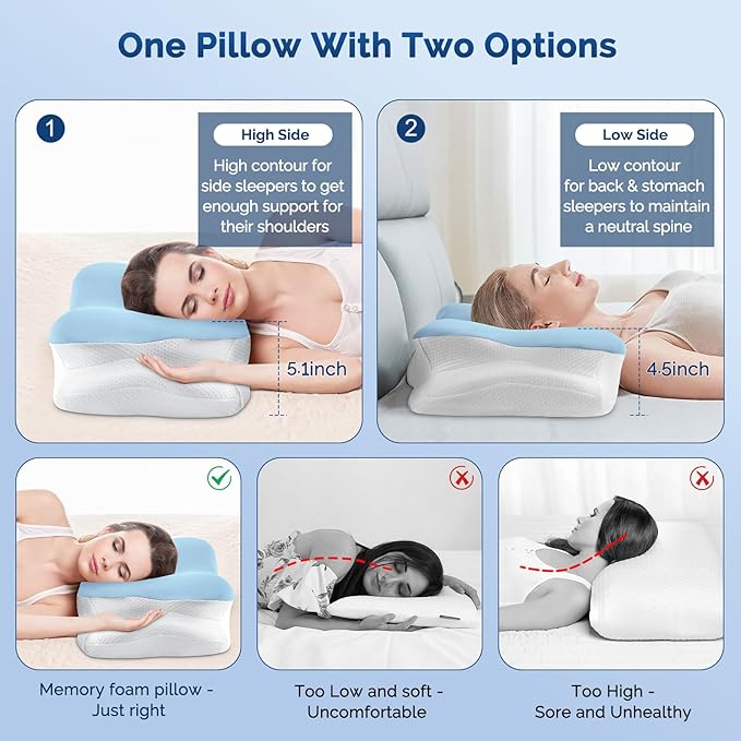 Cervical Neck Pillow, Ergonomic Side Sleeper Pillow for Neck Support, Cooling Memory Foam Pillows for Sleeping, Contour Orthopedic Bed Pillows for Side Back Stomach Sleepers (Sky Blue)