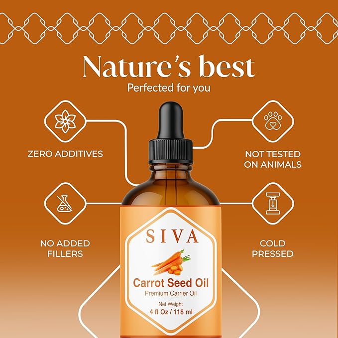 Siva Carrot Seed Oil 4oz (118ml) Premium Cold-Pressed 100% Natural Carrier Oil with Dropper for Face, Skin Care, Body Massage, Hair Care, Hair Oiling & Scalp Massage