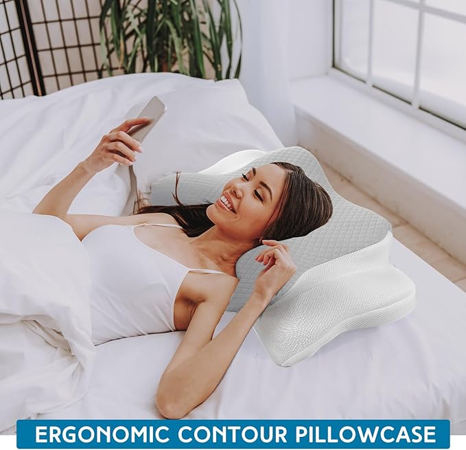 HunnmingRe Cervical Pillow Case Cover Comfortable and Breathable Memory Foam Cervical Neck Pillow Case Cover with Zipper(White, Light Gray,Queen Size)