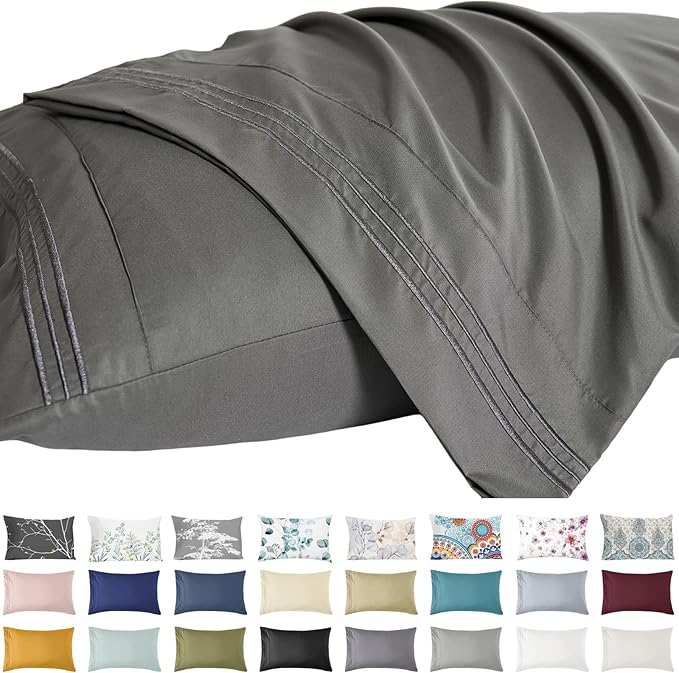 YIYEA King Size 2 Pack - Super Soft 1800 Thread Count Brushed Microfiber Embroidered Bed Pillowcases with Envelope Closure, 20" x 36", Dark Grey