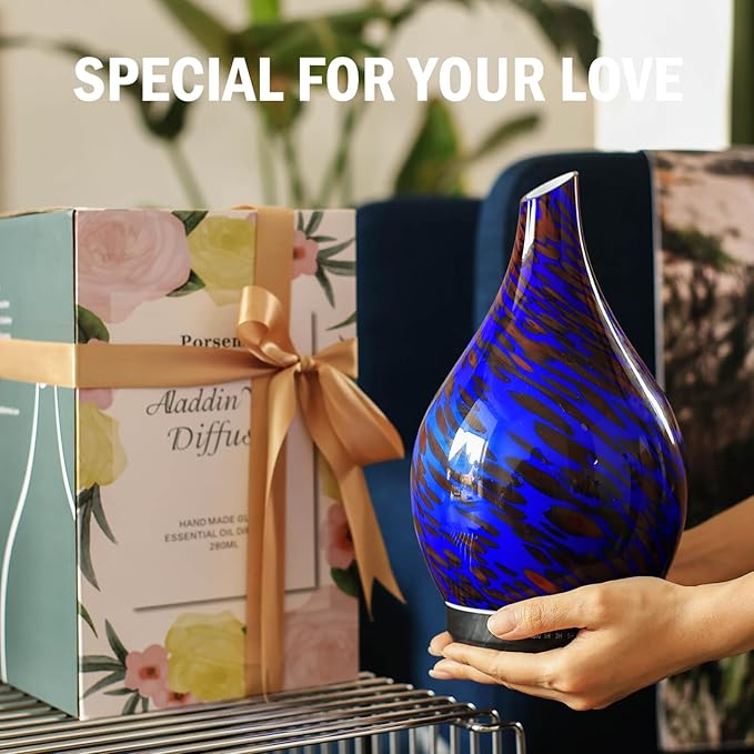 Porseme Essential Oil Diffuser Hand-Blown Glass Aroma Diffusor, Aromatherapy Unltrasonic Cool Mist deffuser, 7 Color Changing, Waterless Shut-Off, Timer Function for Home Office(280ml, Cobalt Blue)