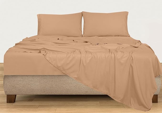 ROYALE LINENS 300 Thread Count 100% Long Staple Combed Cotton Sheet Set - 4 Piece King Bed Sheets - 1 Fitted, 1 Flat & 2 Pillow Cases - Soft Cool & Crisp Sheet Set (King, Sand)