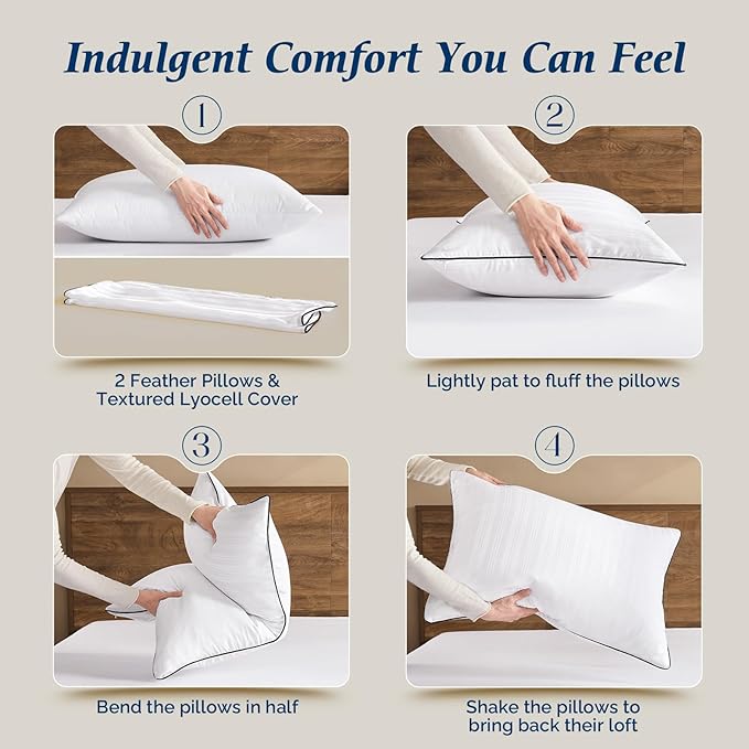 downluxe Goose Feather and Down Pillows - Hotel Collection Feather Pillows for Back, Stomach or Side Sleepers, Bed Pillows King Size Set of 2 (20"x36")