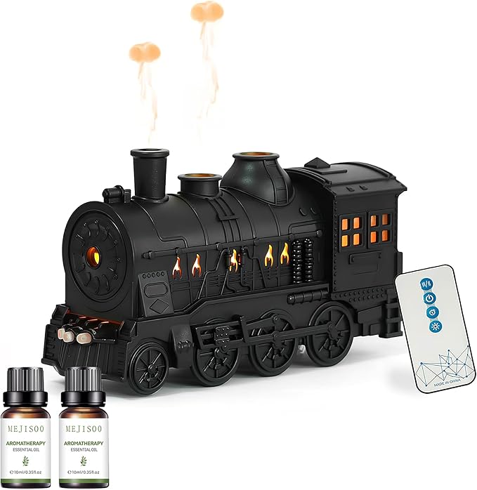 Steam Train Essential Oil Diffuser Set, 300 ml Retro Train Aromatherapy Diffuser with Night Light, Includes 2 Essential Oils, Desk Decor Humidifier, Gift for Train Lovers