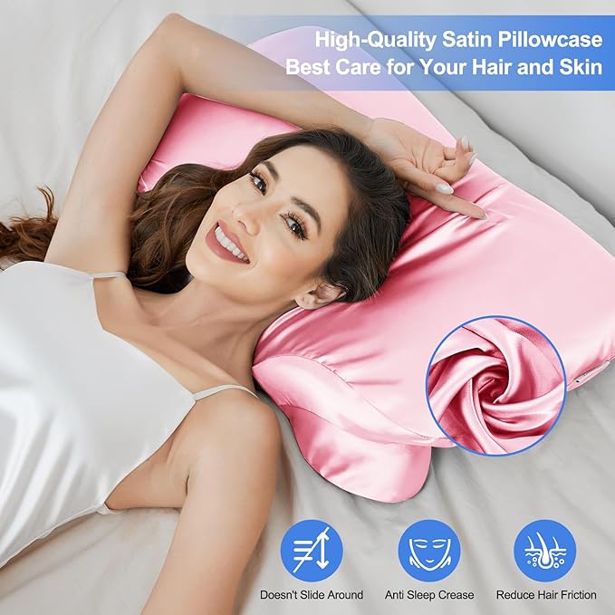 Satin Pillowcase for Cervical Pillow, Ergonomic Case, Smooth & Silky Soft Sleeping Pillowcase, Pink Pillow Cover with Zipper