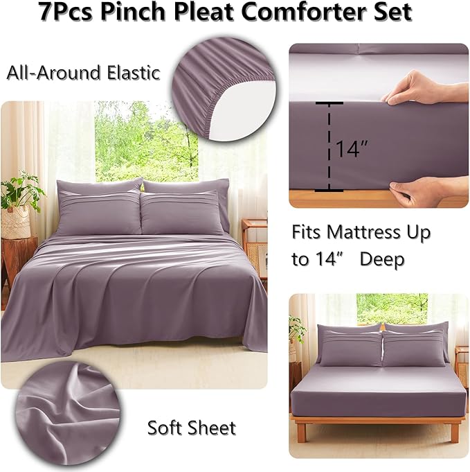 CozyLux Queen Comforter Set Dusty Purple, 7 Pieces Soft Pinch Pleat Bed in a Bag Queen Comforter Set with Sheets, Boho Bed Set with Down Alternative Comforter, Sheets, Pillowcases & Shams