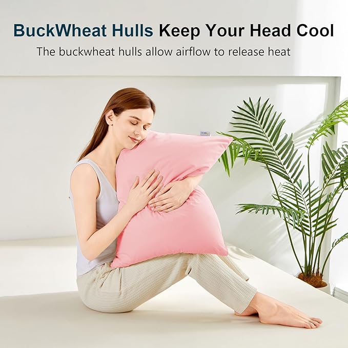 MIOTO Organic Buckwheat Pillow for Sleeping with Dual-Layer Pillowcase and Extra Tartary Buckwheat Hulls, Adjust Height and Firmness, Neck Support Pillow for Back and Side Sleepers 14"x20", Pink