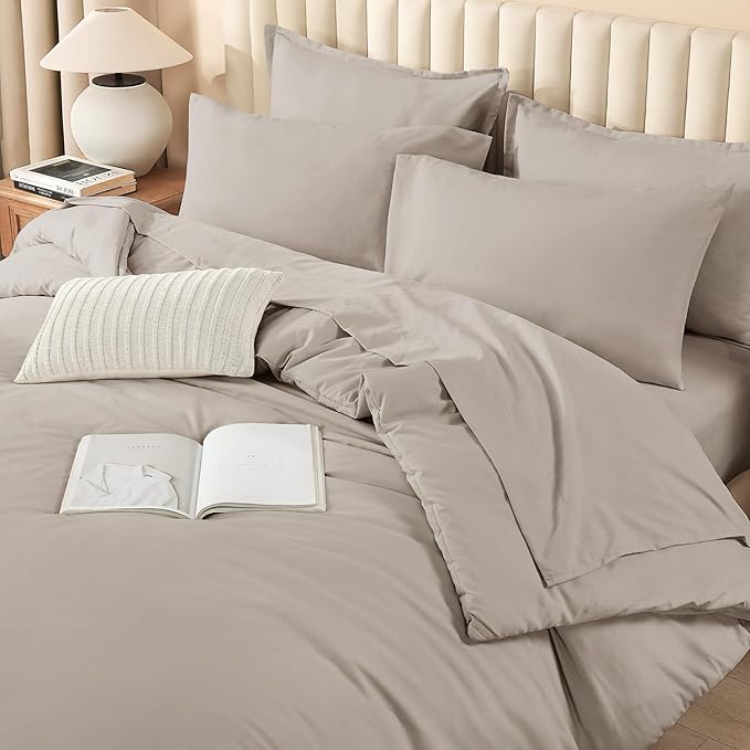 Litanika Queen Comforter Set Linen Grey - 7 Pieces Bed in a Bag Queen Bedding Comforter Sets, Solid Lightweight Bed Set with Comforter, Sheets, Pillowcases & Shams