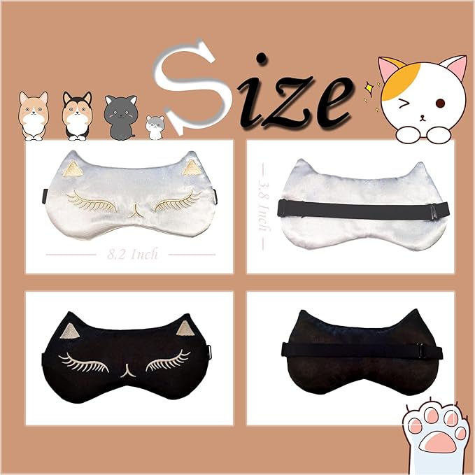 Cute Cat Sleep Mask for Kids (Grey&Black), 2 Pack Silk Sleeping Eye Cover Adjustable Mask Night Eyeshade Cover for Girls Boys Women Men Sleep Travel Party…