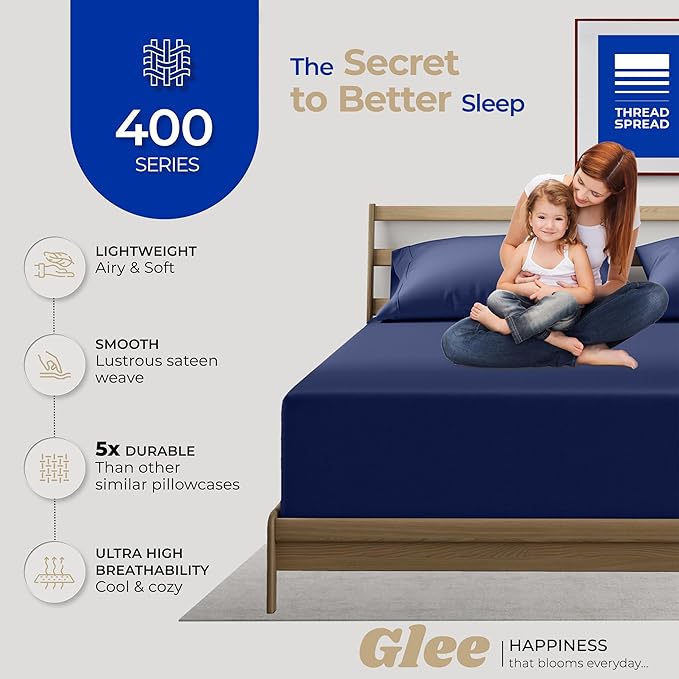 Thread Spread 100% Cotton King Size Pillow Cases Set of 2 - Luxury 400 Series Glee Collection Pillow Cases King Size (Navy Blue), Soft Cooling Breathable & Durable Sateen Hotel Cotton Pillowcases