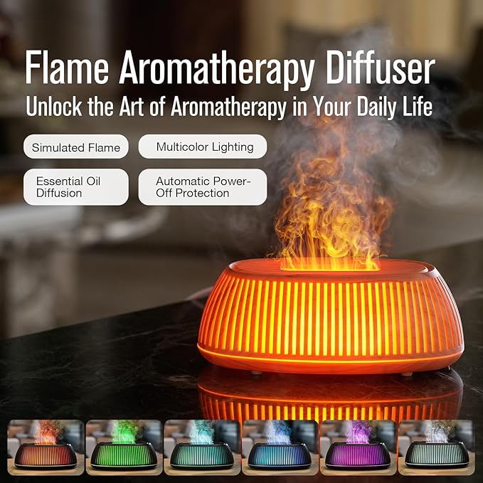 Flame Essential Oil Diffuser 150ml, Ultrasonic Aromatherapy Diffuser with 7 Color Lights, 1/2/4H Timer, Auto Shut-Off for Home Office Bedroom (Wood)