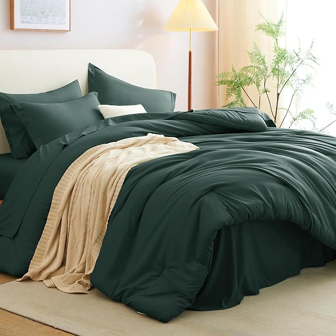 CozyLux Queen Comforter Set Forest Green, 7 Pieces Bed in a Bag Queen Comforter Set with Sheets, Luxury Soft Bedding Sets with Down Alternative Comforter, Fitted Sheet, Flat Sheet, Pillowcases & Shams