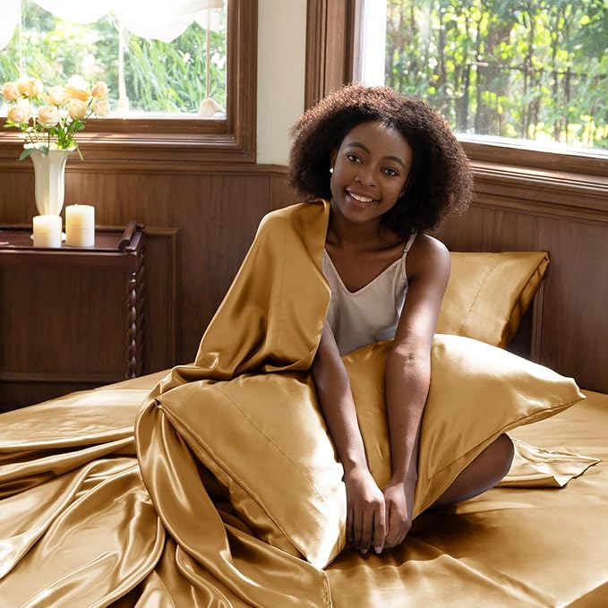 CozyLux Satin Sheets King Size Sheet Set - 4 Piece Silky King Sheets, Luxury Gold King Bed Set with Smooth and Soft Microfiber, Includes 1 Fitted Sheet, 1 Flat Sheet and 2 Pillowcases