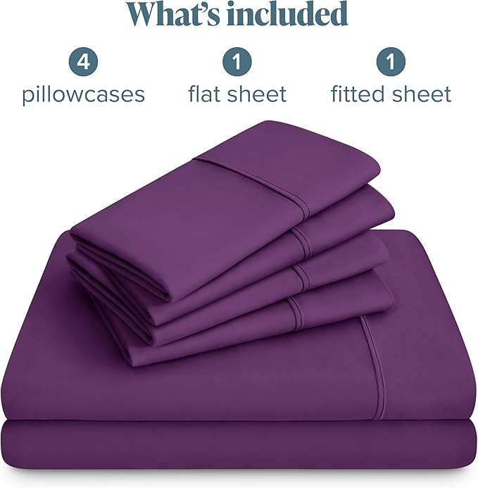 Bare Home Hotel Luxury Full XL Sheet Set, Extra Soft - 6 Piece Set - Deep Pockets - Easy Fit - Cooling & Breathable - Wrinkle, Fade, Stain Resistant - Includes 4 Pillowcases (Full XL, Plum)