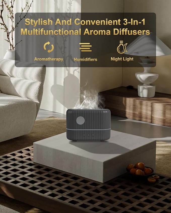 Essential Oil Diffuser with Flame Light, 3 Flame Light Intensity Modes and 2 Adjustable Cool Mist Setting Aromatherapy Diffuser Air Humidifier, 200ml Portable Design,Waterless Auto-Off (Grey)