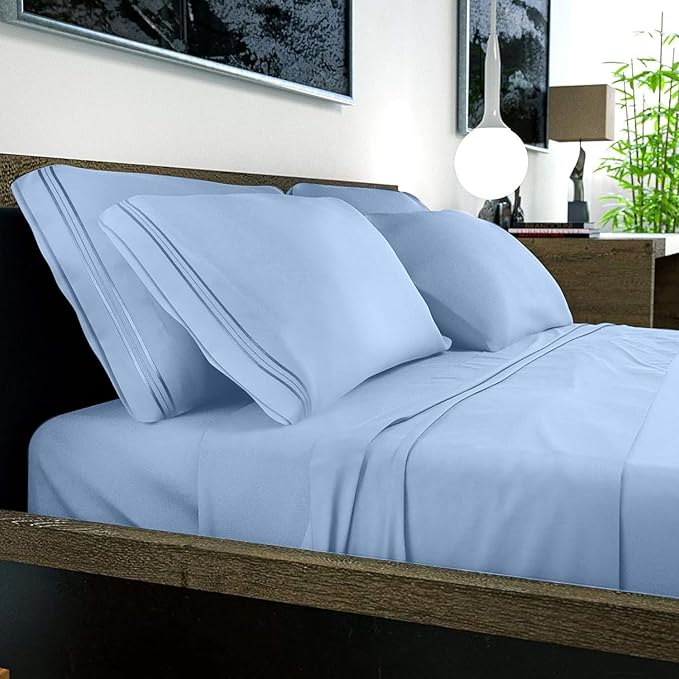 DREAMCARE King Size Sheets Set - 6 pcs Breathable Cooling Bed Sheets - up to 15" Deep Pocket King Sheet Set with Side Pockets - Extra Soft 100% Brushed Hypoallergenic Hotel Luxury Bedding - L Blue