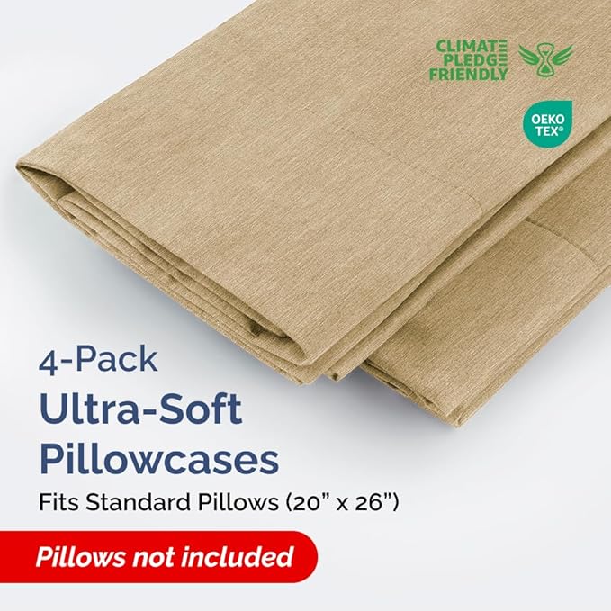 Standard Pillow Cases Set of 4 - Ultra Soft Hotel Quality Pillowcase Covers - Comfy Bedding for Women, Men, Kids & Teens - Machine Washable Pillow Protectors - 4 Piece - Standard Size Heathered Tan