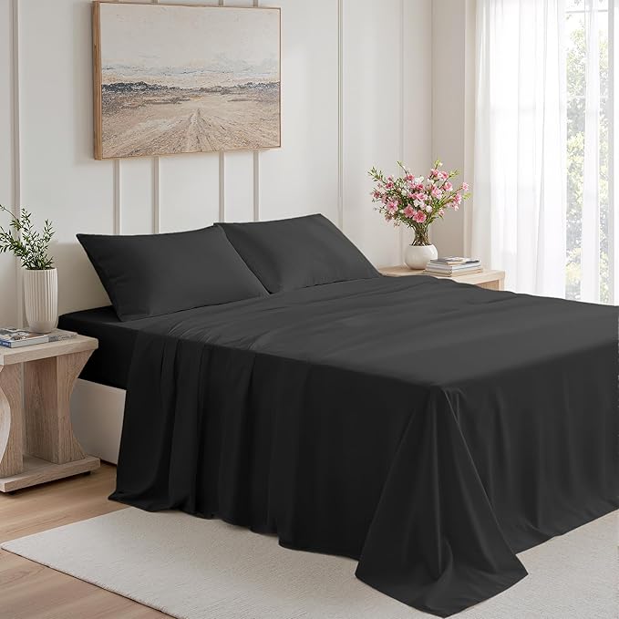 King Size 4 Piece Bed Sheet Set - Ultra Imitation Cotton-Premium Breathable & Cooling Sheets - Hotel Luxury Bed Sheets Deep Pocket up to 15"- Wrinkle, Fade, Stain Resistant (Black, King)