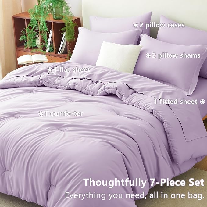 CozyLux Full Size Comforter Sets Lavender, 7 Pieces Bed in a Bag Full Comforter Set with Sheets, Light Purple Luxury Soft Bedding Set with Down Alternative Comforter, Sheets, Pillowcases & Shams