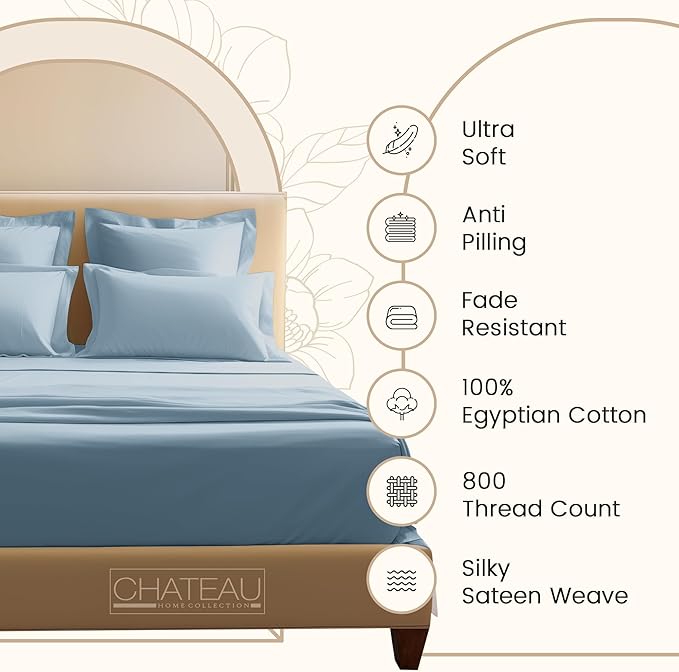 100% Egyptian Cotton Sheets For California King Size Bed, 800TC Sateen Weave CalKing Sheet Set, 15" Deep Elasticated Sheet & Pillowcase Sets, Soft & Comfy Naturally Cool & Breathable - French Blue