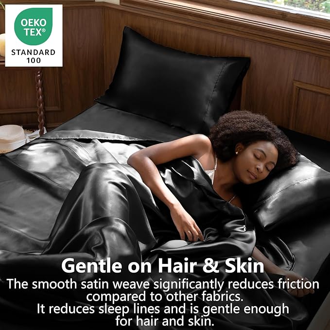CozyLux Satin Sheets Twin XL Sheets - 3 Piece Silky XL Twin Sheet Set, Luxury Extra Long Black Sheet with Smooth and Soft Microfiber, Includes 1 Fitted Sheet, 1 Flat Sheet and 1 Pillowcase