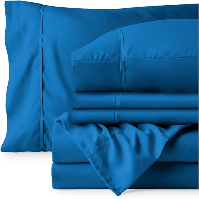 Bare Home Hotel Luxury Queen Sheet Set, Extra Soft - 6 Piece Set - Deep Pockets - Easy Fit - Cooling & Breathable - Wrinkle, Fade, Stain Resistant - Includes 4 Pillowcases (Queen, Medium Blue)
