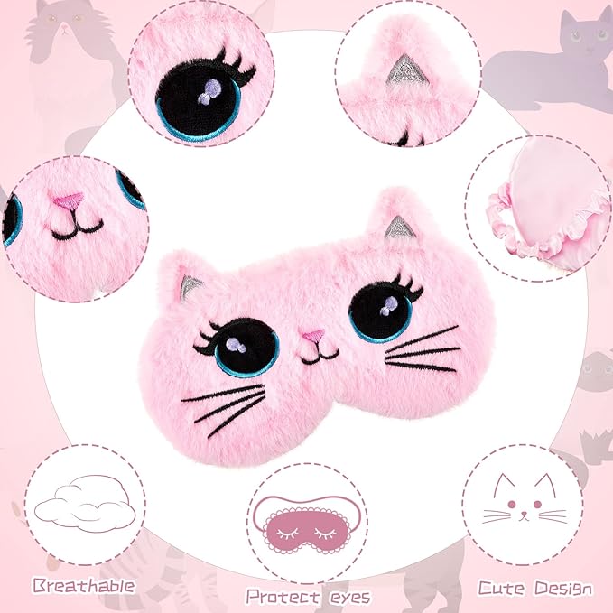 Geyoga 3 Pcs Sleep Mask for Kids, Girls Plush Sleeping Eye Cover Soft Eye Blindfold Cover Animal Shade for Kids(Colorful,Cat Style)