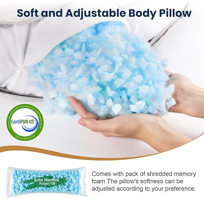 TranquilRelax C Shaped Body Pillow for Side Sleepers, Memory Foam Long Pillow for Leg, Hip & Back Support, Soft Washable Cover,Grey-47"*10"
