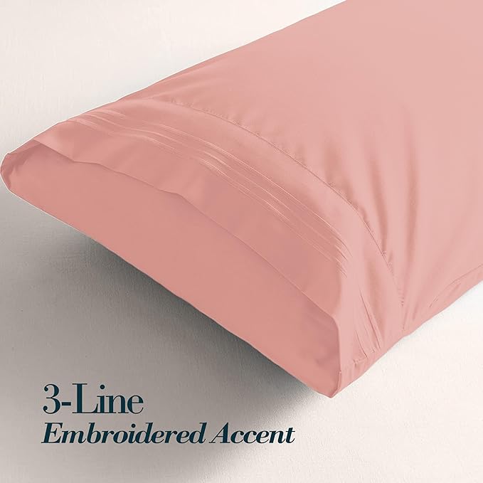 Mocassi 2-Piece Premium Standard/Queen Pillowcase Set 1800 Series Hotel Quality Microfiber - Soft and Breathable with 3-Line Embroidery Wrinkle and Stain Resistant, Easy Care, 20" x 30", Peach Pink