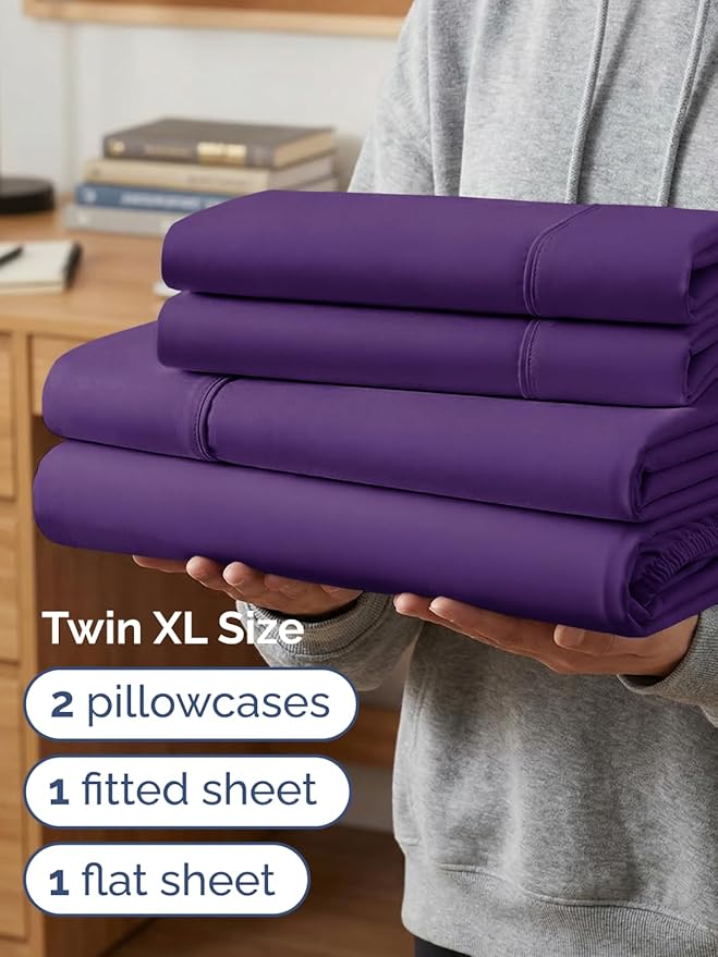 Extra Deep Twin XL Sheet Set - 4 Piece Breathable and Cooling Sheets - Hotel Luxury Bedding for Women, Men, Kids & Teens - Easy Secure Fit - Soft, Wrinkle Free and Comfy - Extra Deep Pockets - Purple